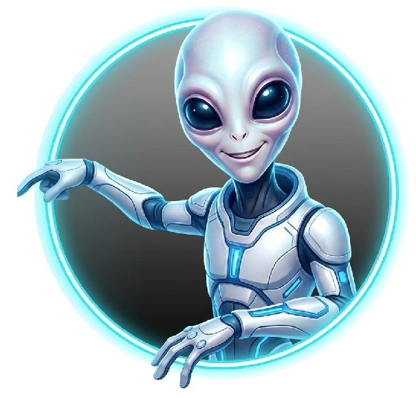 Grinsender Alien im Raumanzug zeigt auf die Modul-Auswahl